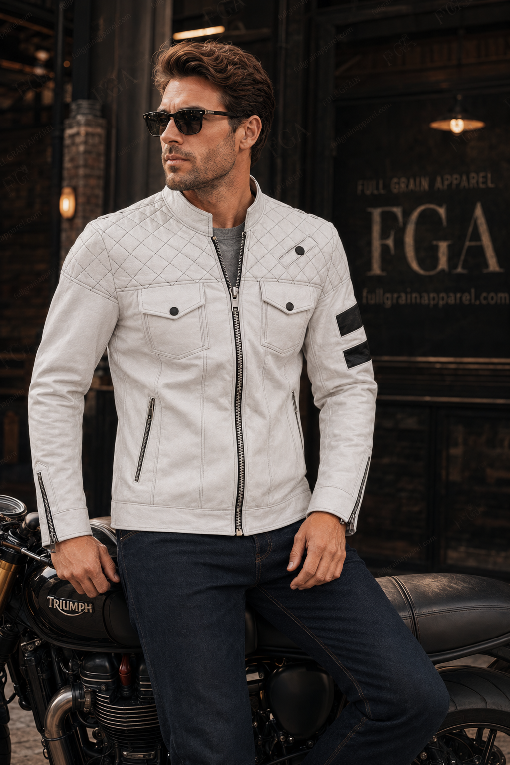 Men's White Cafe Racer Leather Jacket | Moto Stripe | Full Grain Apparel