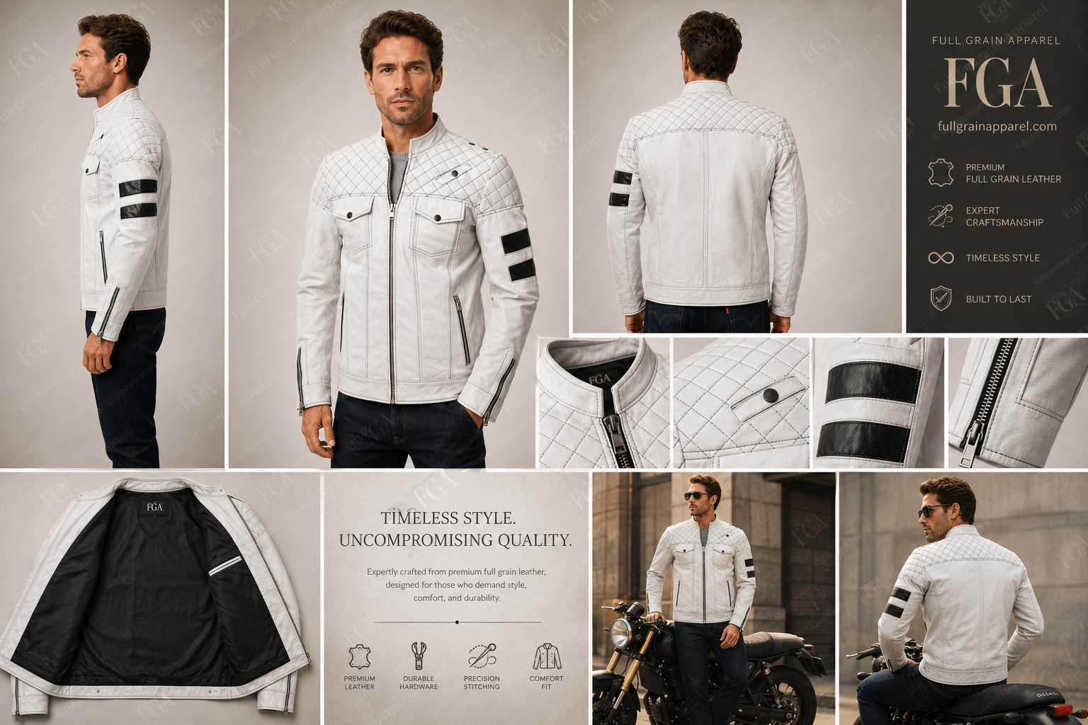 Men's White Cafe Racer Leather Jacket | Moto Stripe | Full Grain Apparel