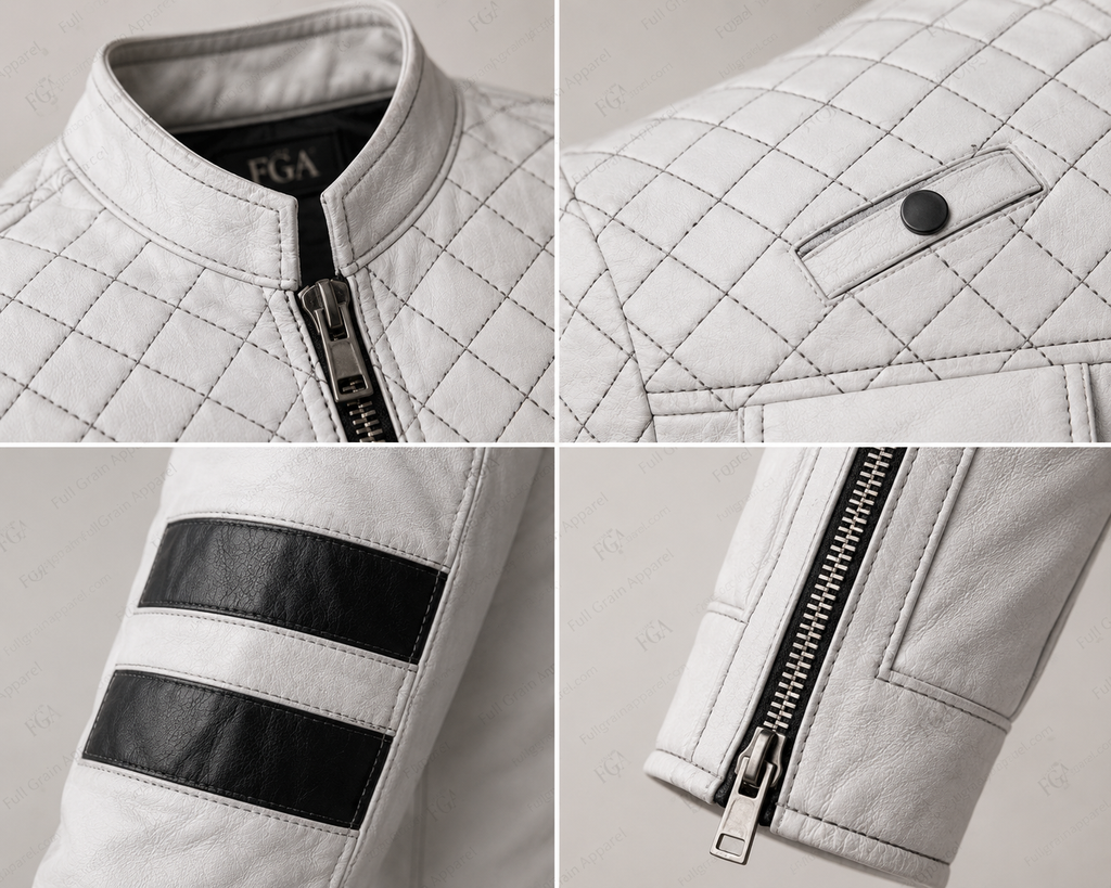 Men's White Cafe Racer Leather Jacket | Moto Stripe | Full Grain Apparel