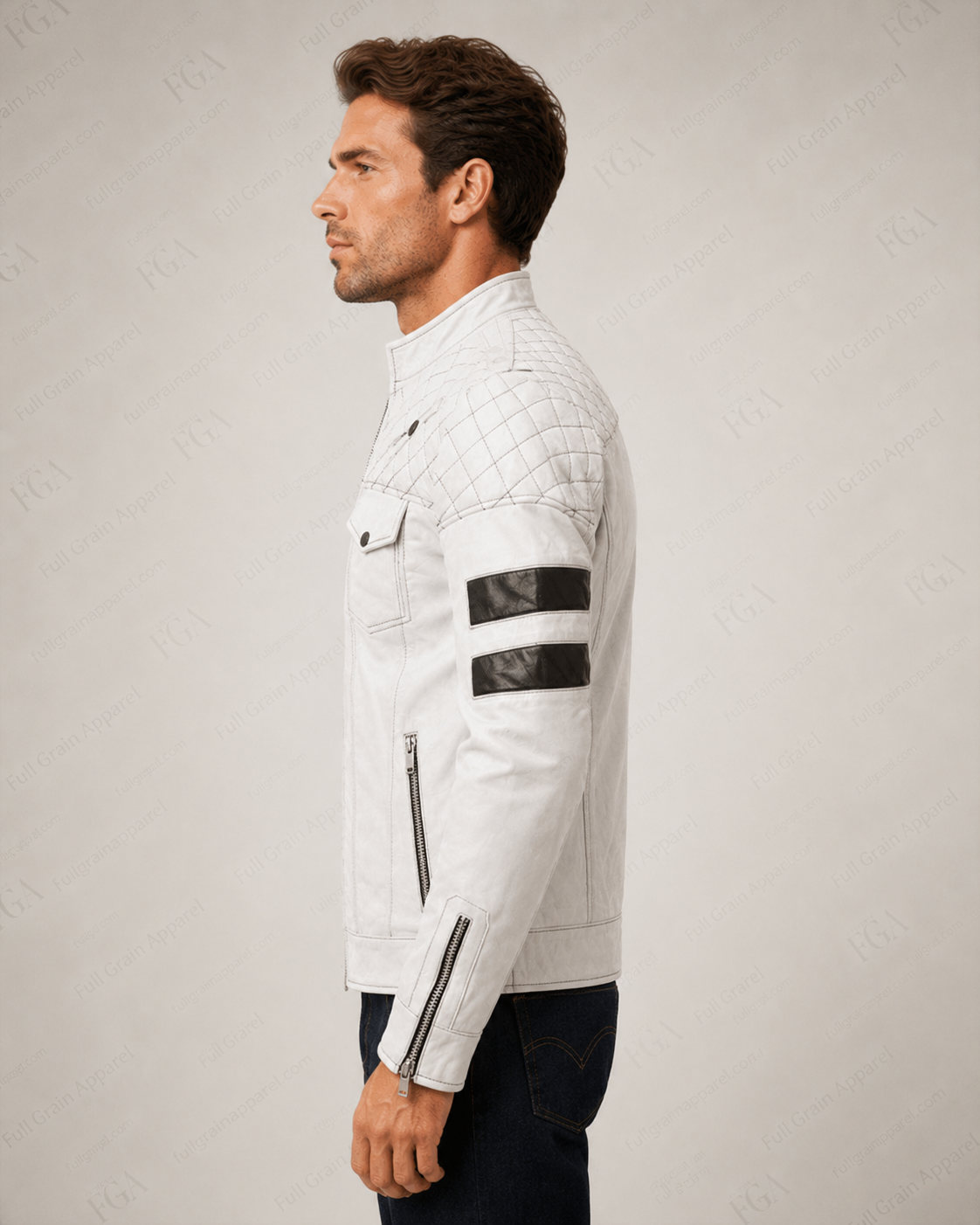 Men's White Cafe Racer Leather Jacket | Moto Stripe | Full Grain Apparel