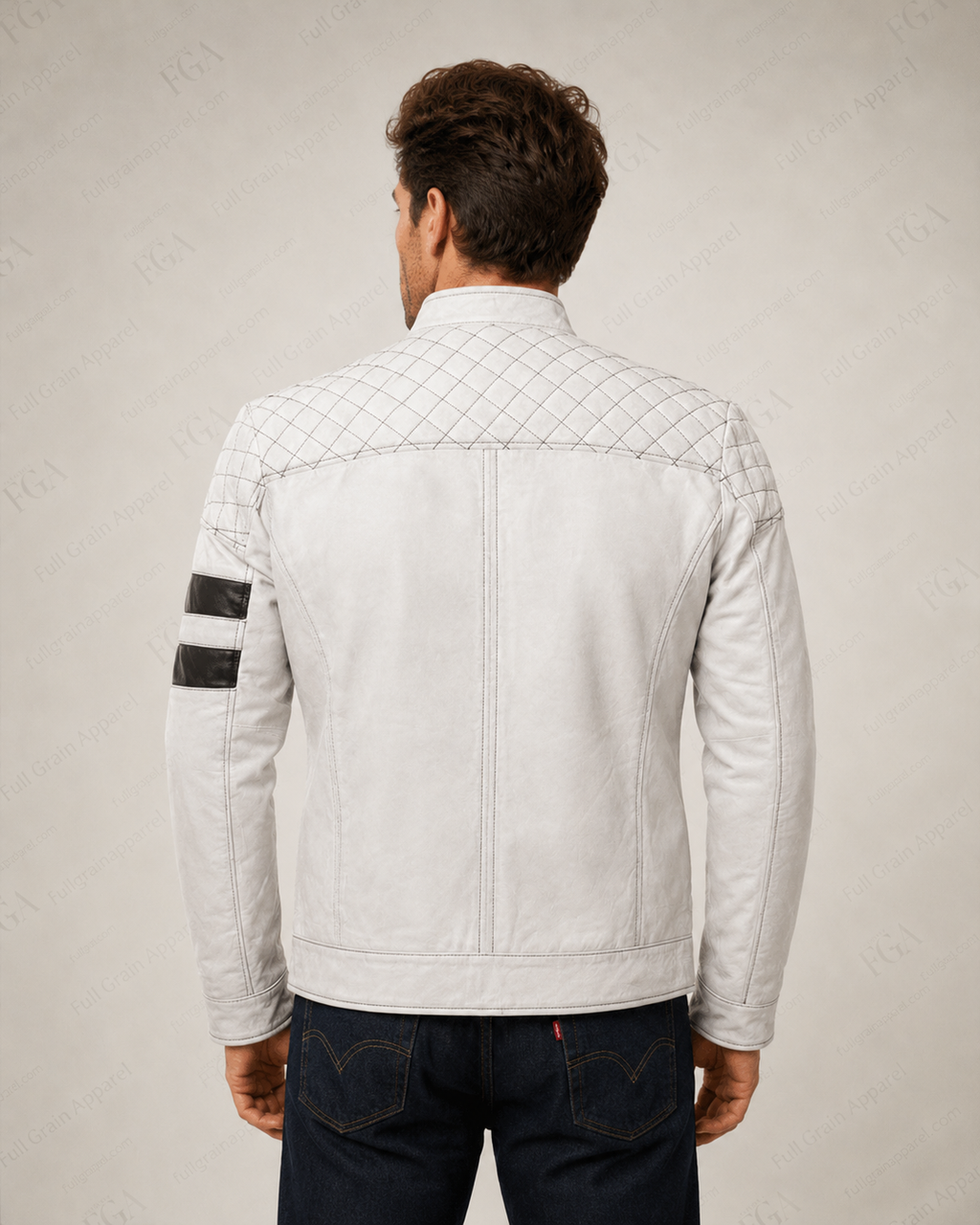 Men's White Cafe Racer Leather Jacket | Moto Stripe | Full Grain Apparel