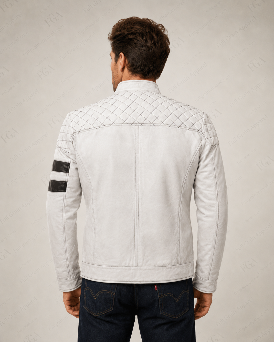Men's White Cafe Racer Leather Jacket | Moto Stripe | Full Grain Apparel