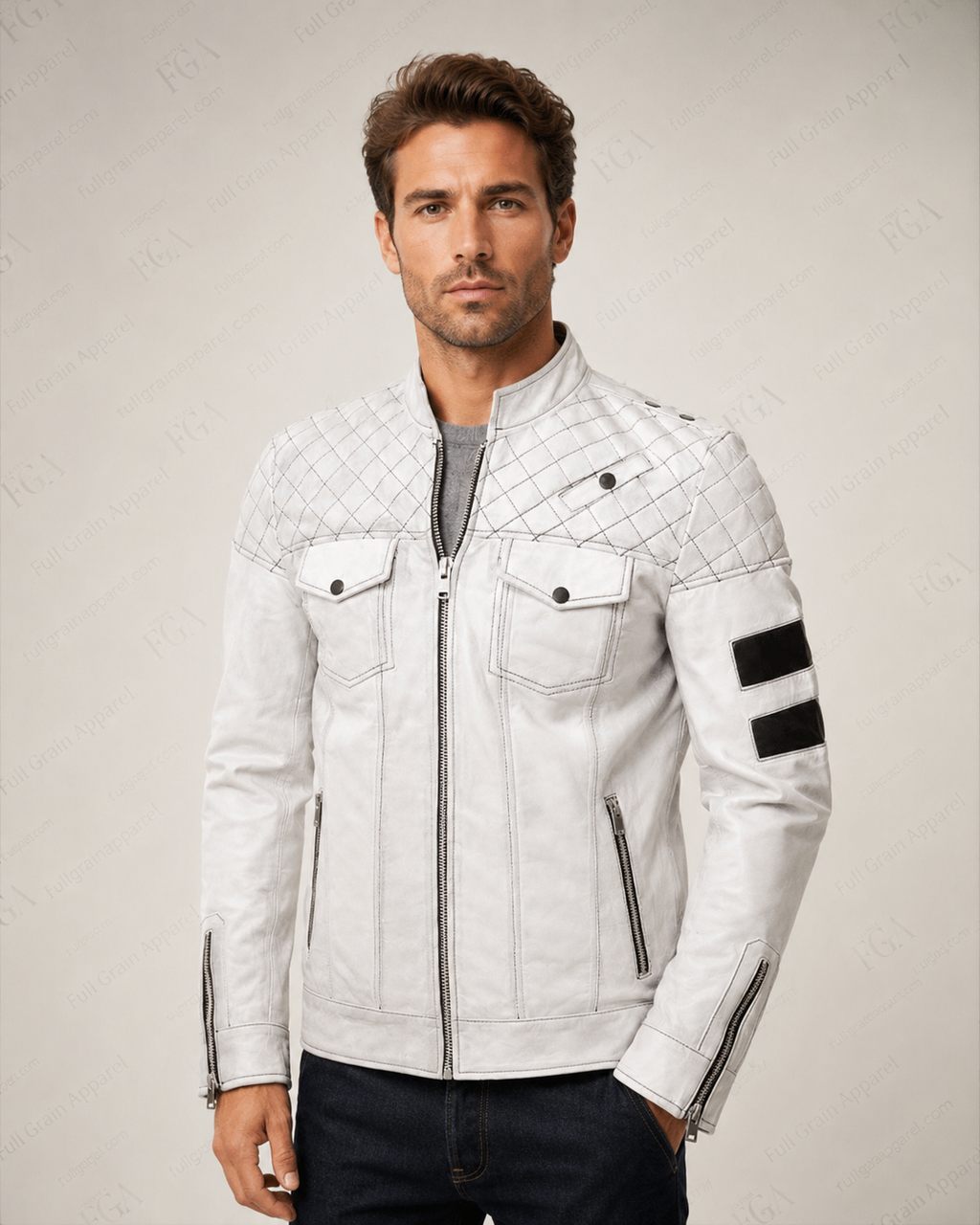 Men's White Cafe Racer Leather Jacket | Moto Stripe | Full Grain Apparel
