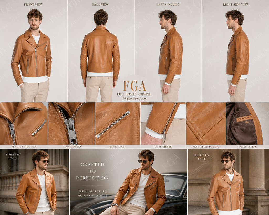 Men's Tan Biker Leather Jacket | Asymmetric Moto | Full Grain Apparel