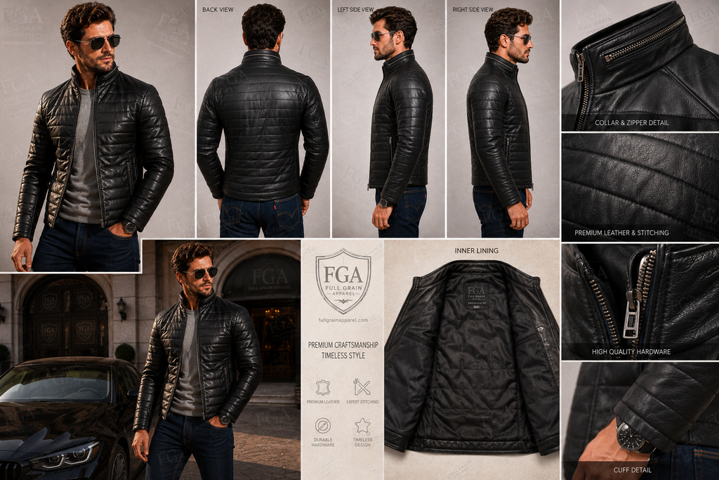 Men's Black Cafe Racer Leather Jacket | Quilted Moto | Full Grain Apparel
