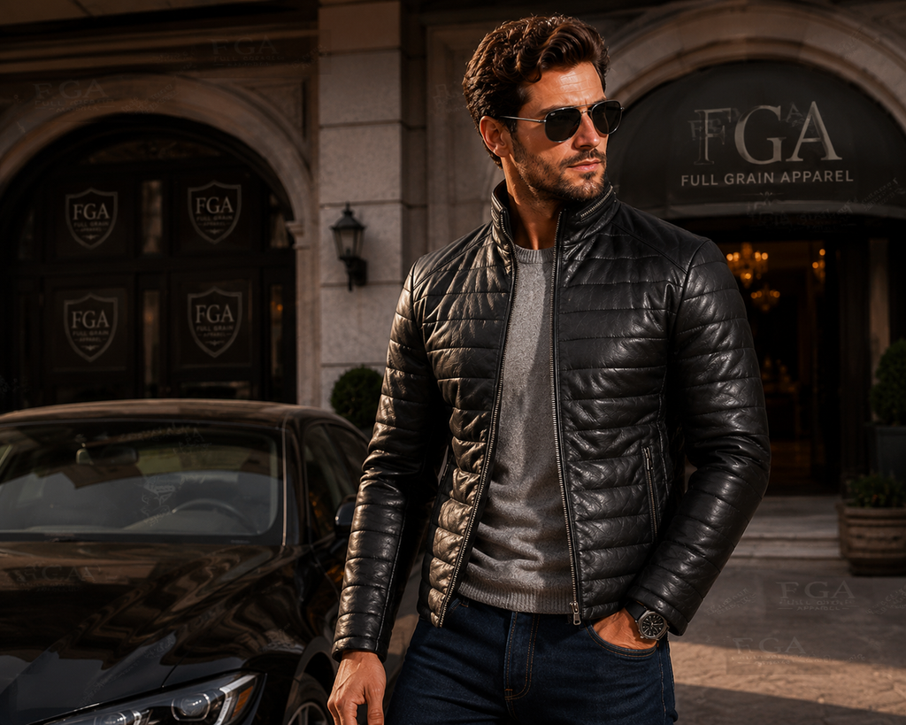 Men's Black Cafe Racer Leather Jacket | Quilted Moto | Full Grain Apparel