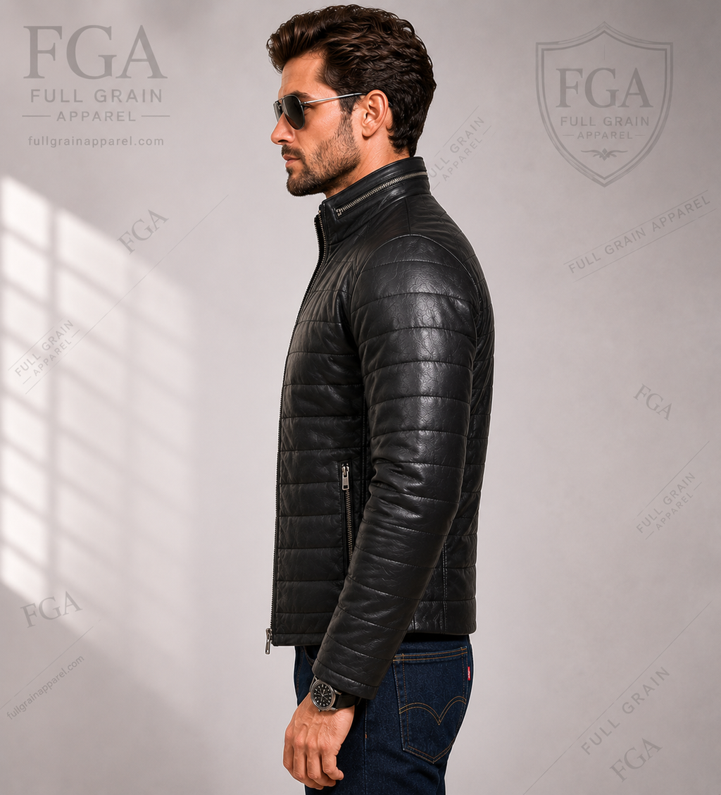 Men's Black Cafe Racer Leather Jacket | Quilted Moto | Full Grain Apparel