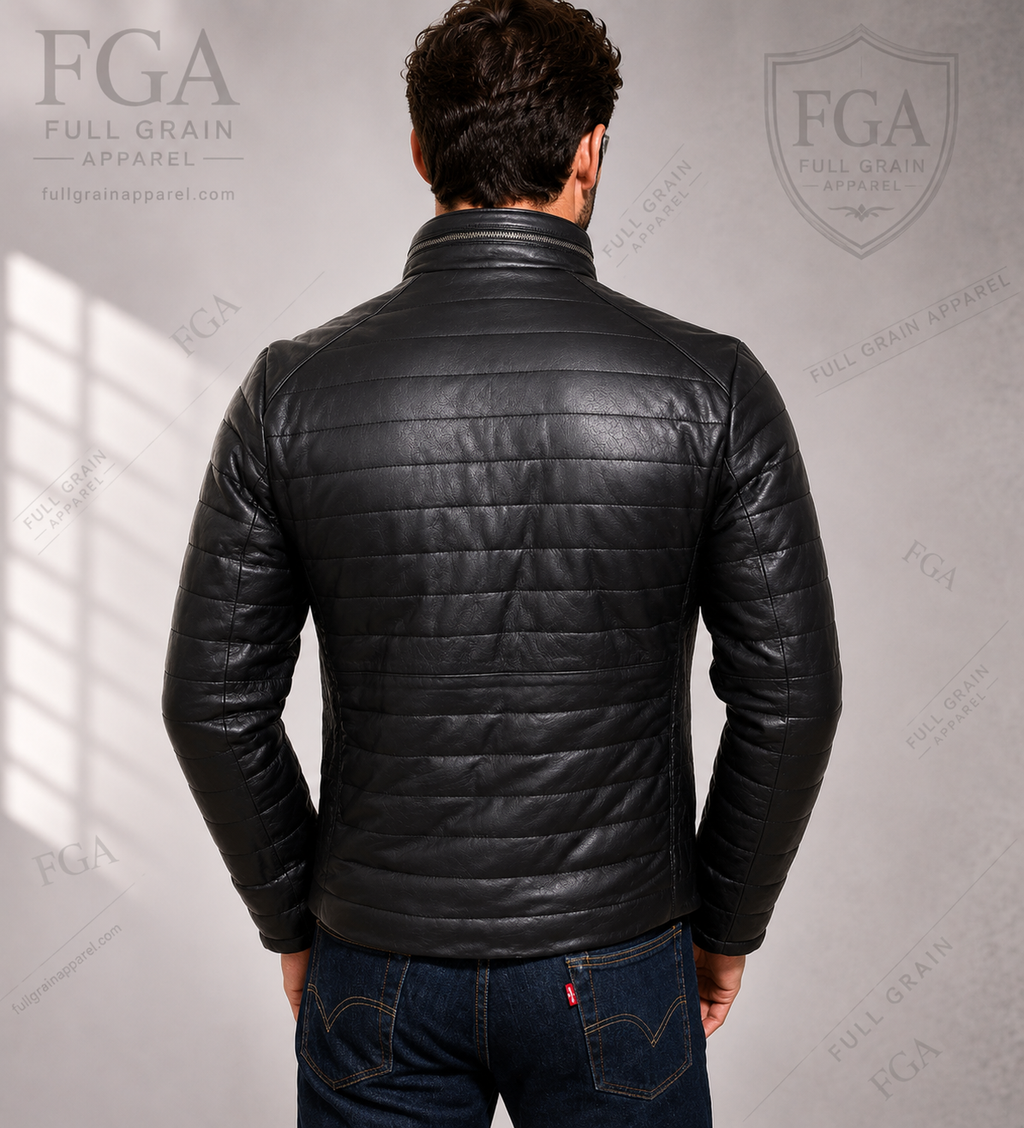 Men's Black Cafe Racer Leather Jacket | Quilted Moto | Full Grain Apparel
