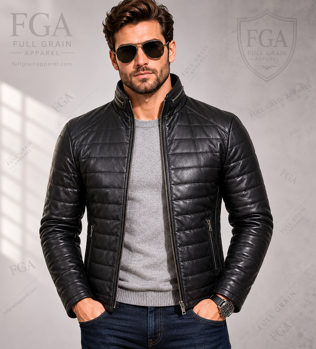 Men's Black Cafe Racer Leather Jacket | Quilted Moto | Full Grain Apparel