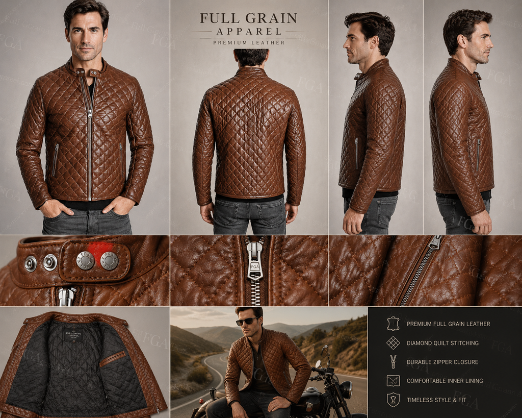 Men's Brown Cafe Racer Leather Jacket | Quilted Moto | Full Grain Apparel