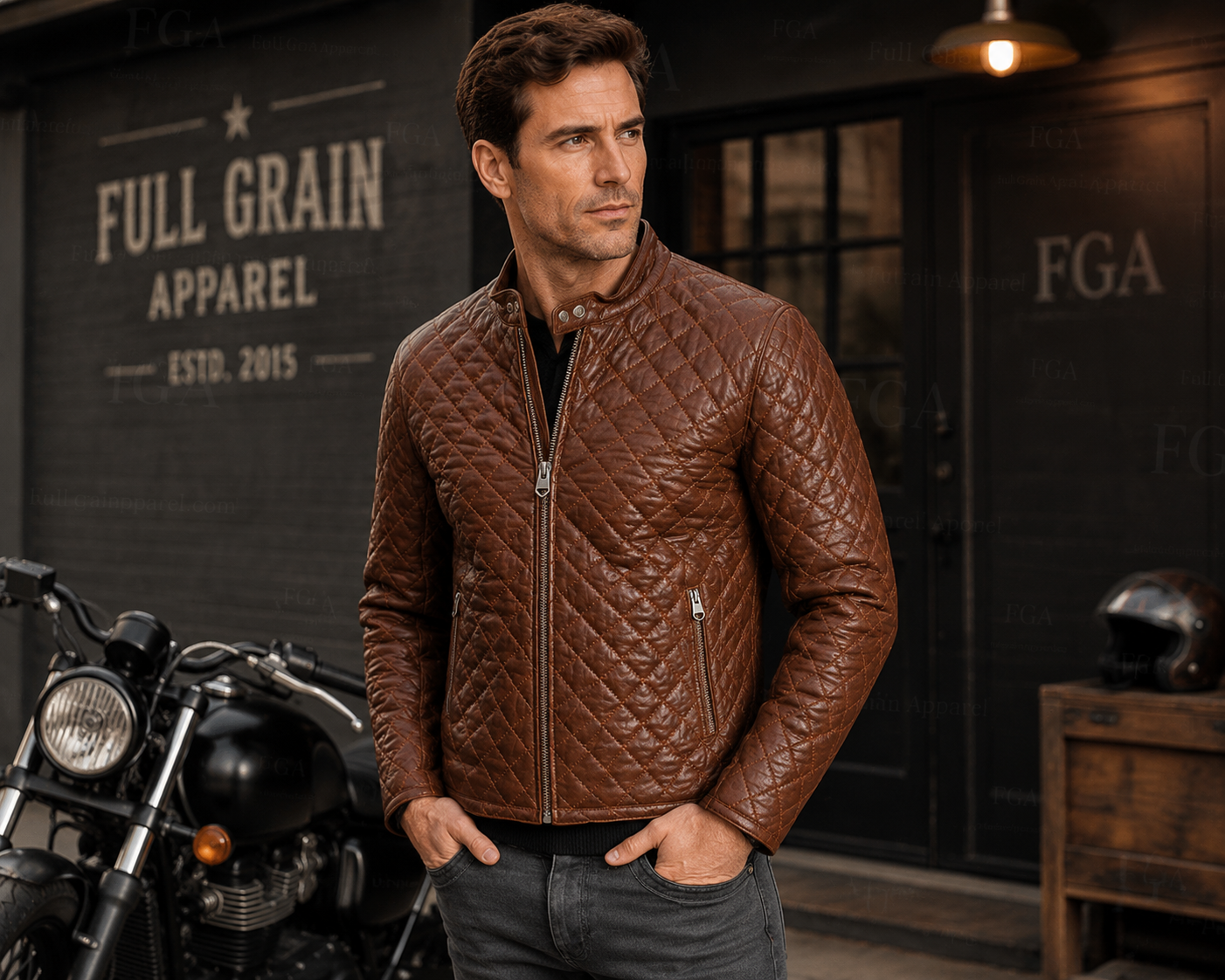 Men's Brown Cafe Racer Leather Jacket | Quilted Moto | Full Grain Apparel