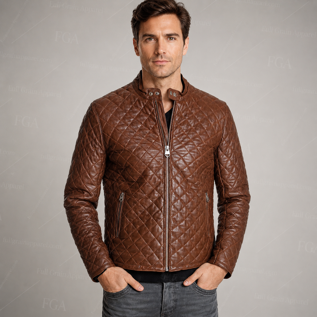 Men's Brown Cafe Racer Leather Jacket | Quilted Moto | Full Grain Apparel