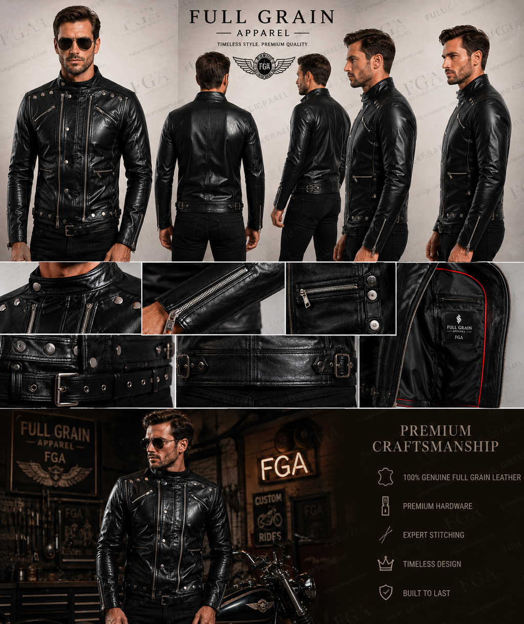 Men's Black Motorcycle Leather Jacket | Multi-Pocket | Full Grain Apparel
