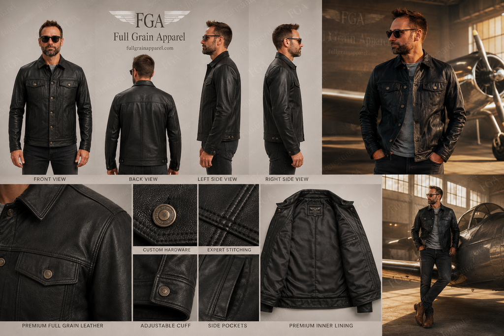 Men's Black Leather Trucker Jacket | Classic Moto | Full Grain Apparel