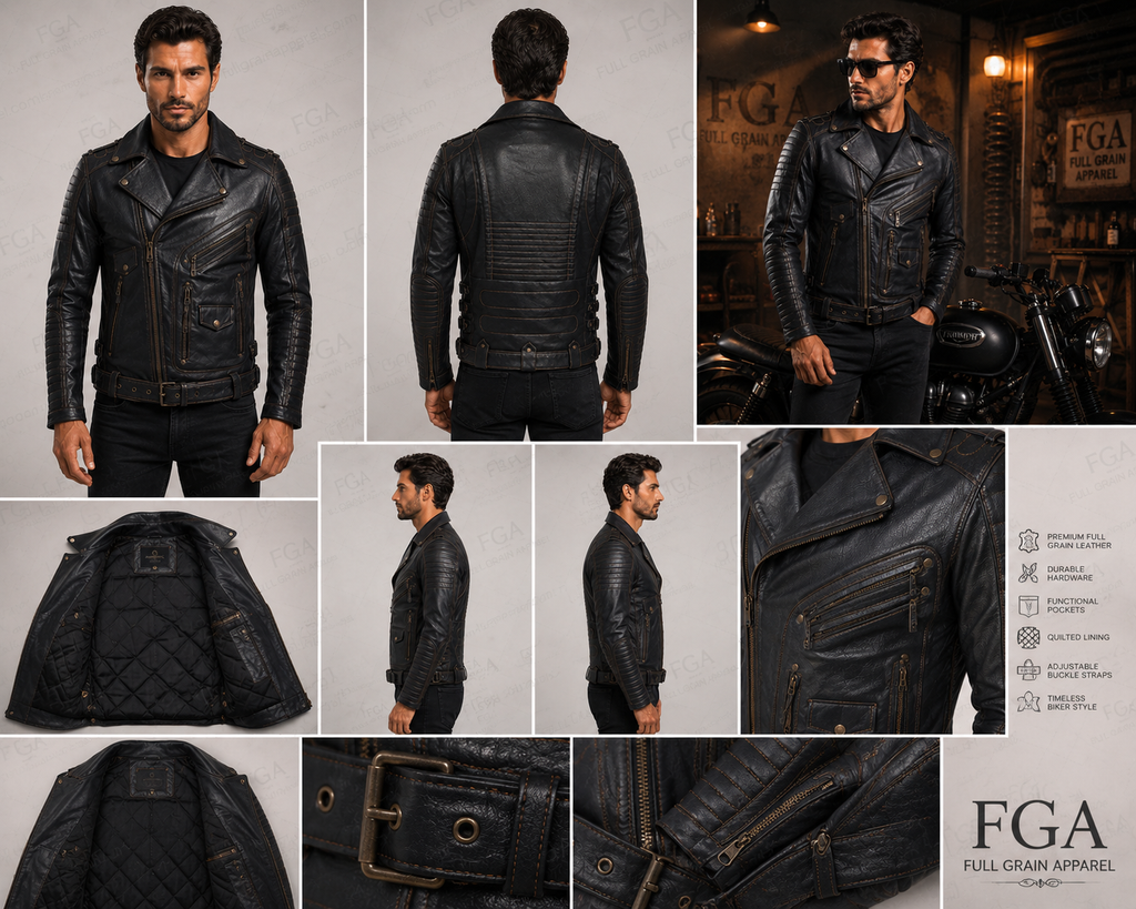 Men's Black Motorcycle Leather Jacket | Distressed Biker | Full Grain Apparel