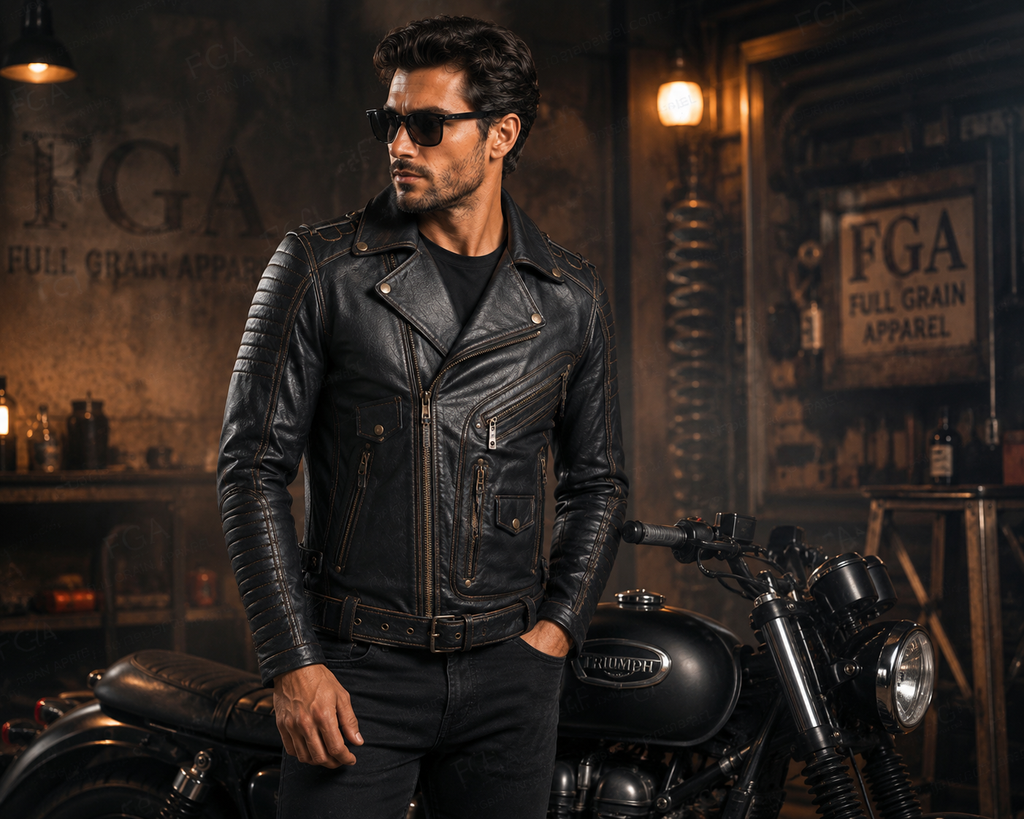 Men's Black Motorcycle Leather Jacket | Distressed Biker | Full Grain Apparel