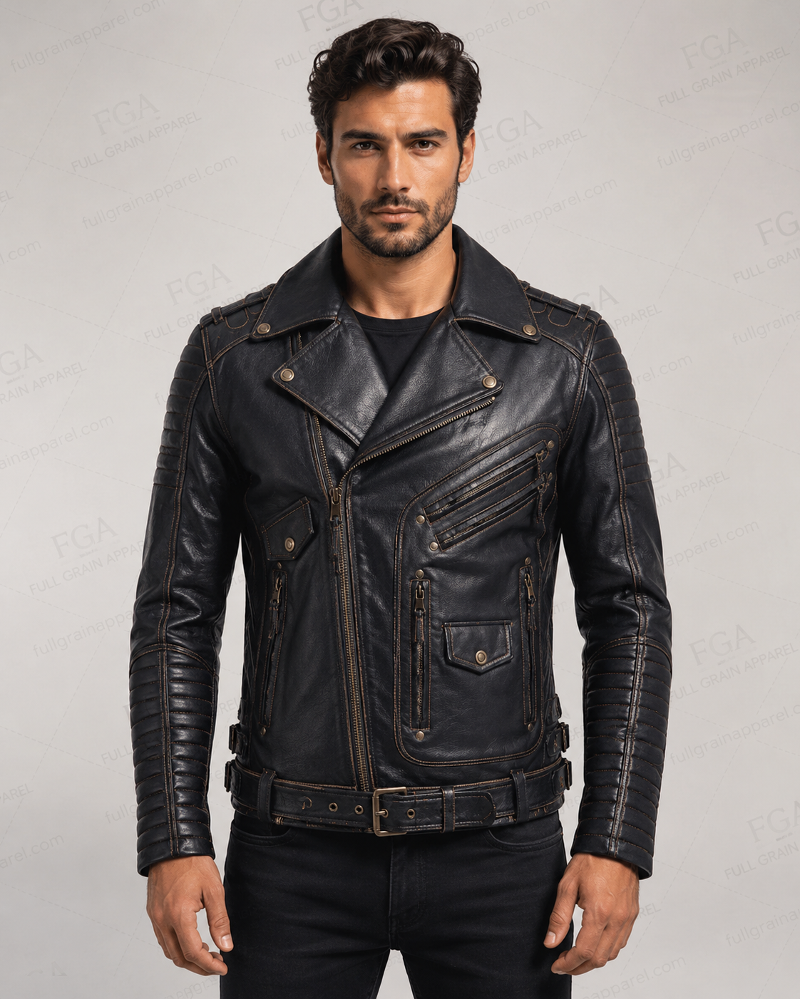 Men's Black Motorcycle Leather Jacket | Distressed Biker | Full Grain Apparel