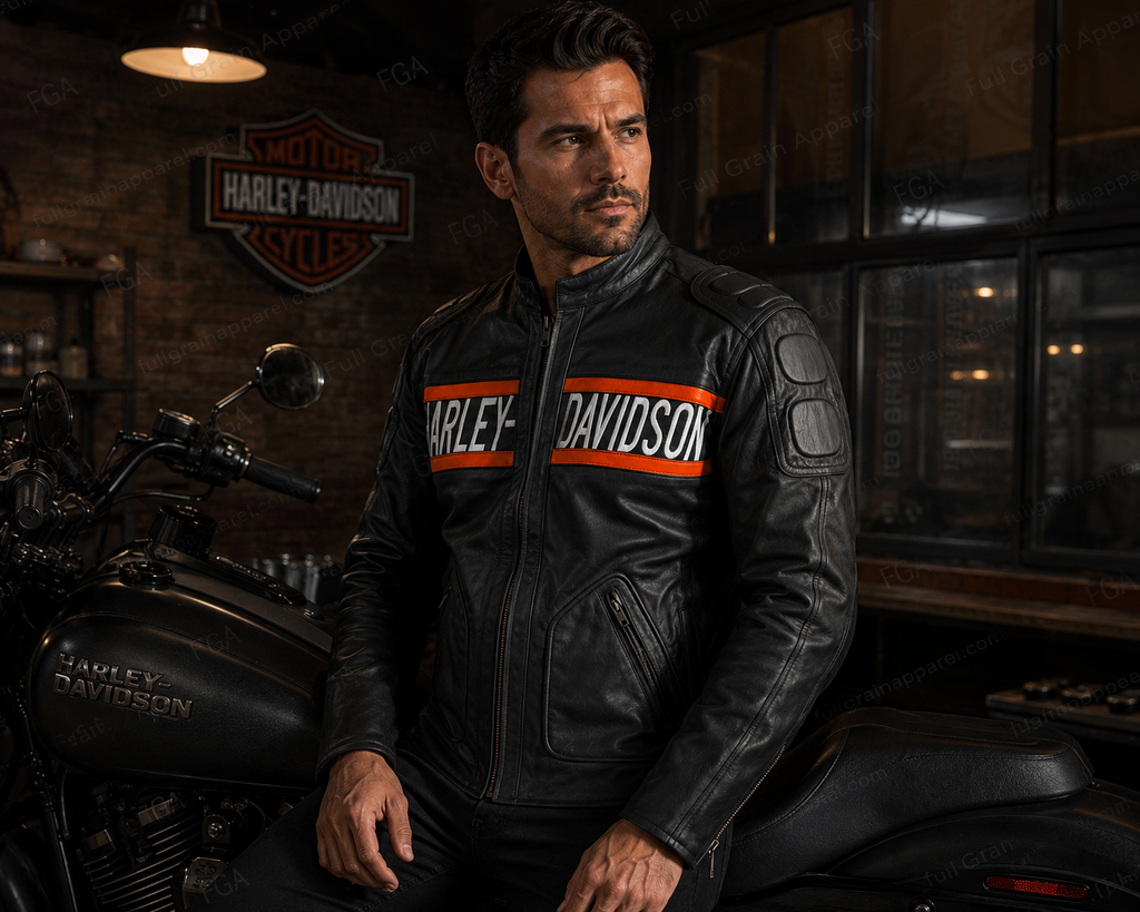 Harley-Davidson Men's Black Orange Racing Jacket | Full Grain Apparel