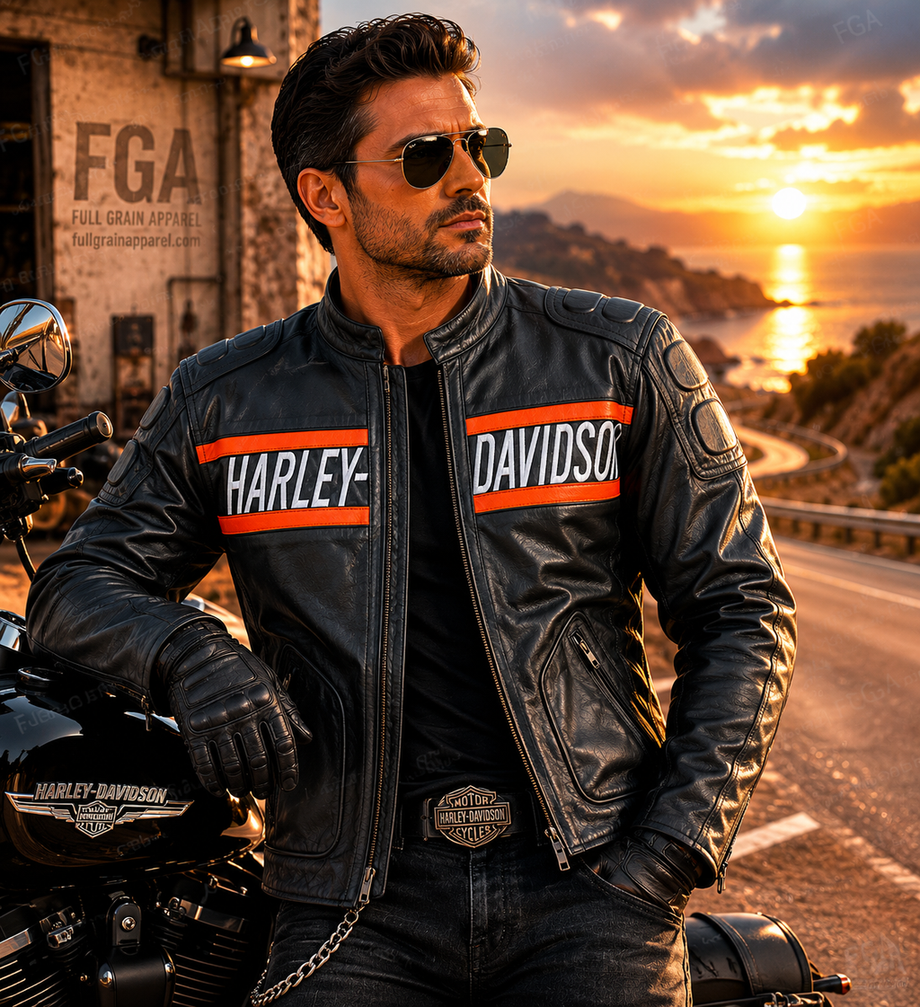 Harley-Davidson Men's Black Orange Racing Jacket | Full Grain Apparel