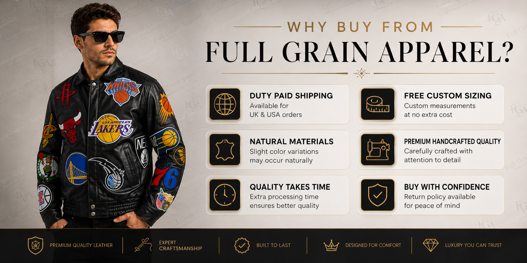 Men's NBA Teams Patch Leather Jacket | Full Grain Apparel