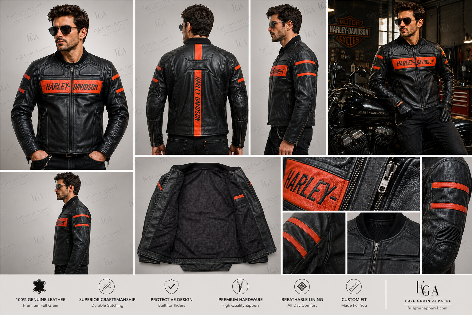 Men's Harley-Davidson Black Red Motorcycle Jacket | Full Grain Apparel