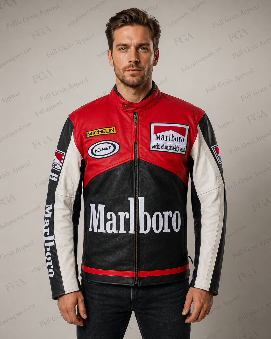 Men's Marlboro Red Black Racing Leather Jacket | Full Grain Apparel