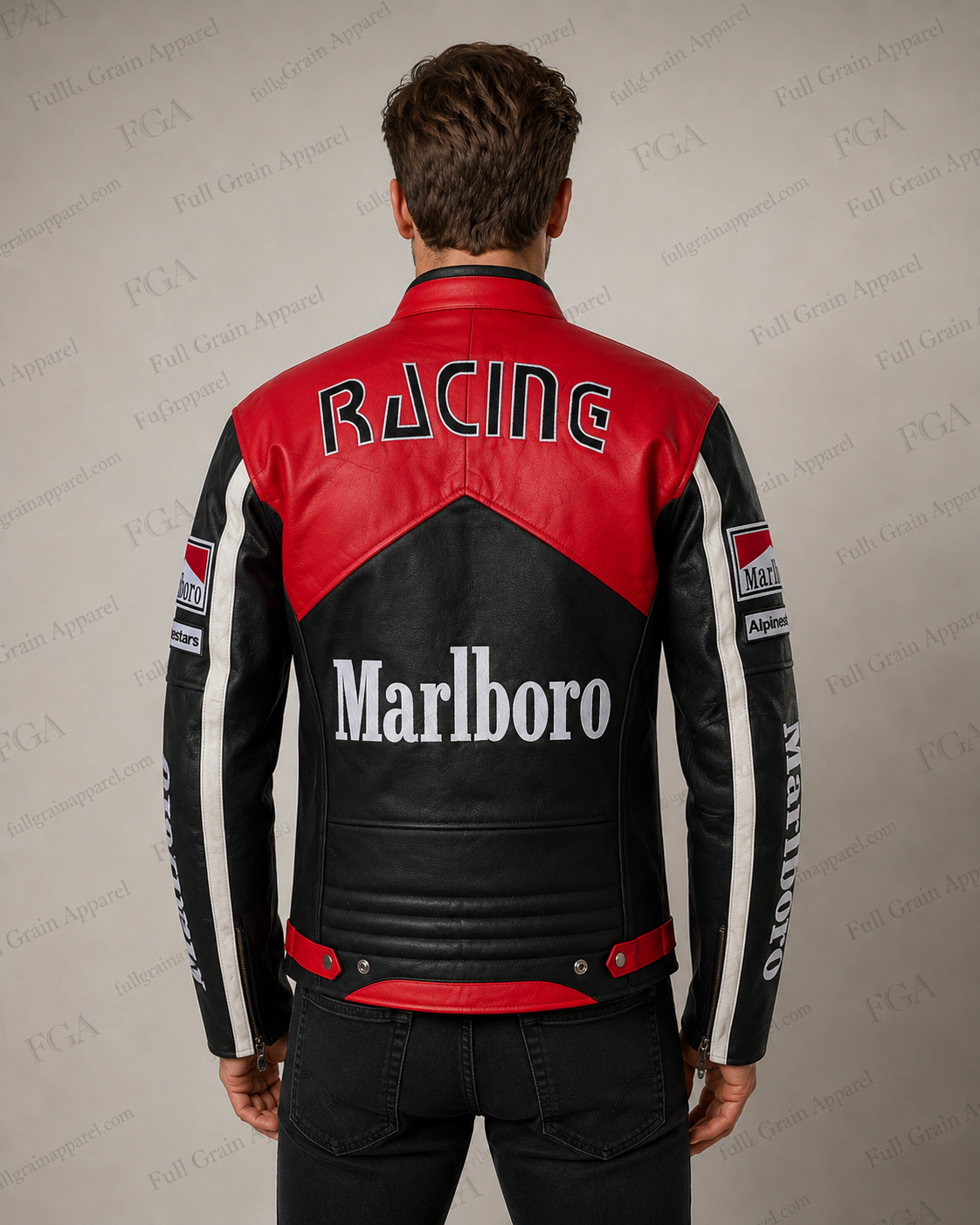 Men's Marlboro Red Black Racing Leather Jacket | Full Grain Apparel