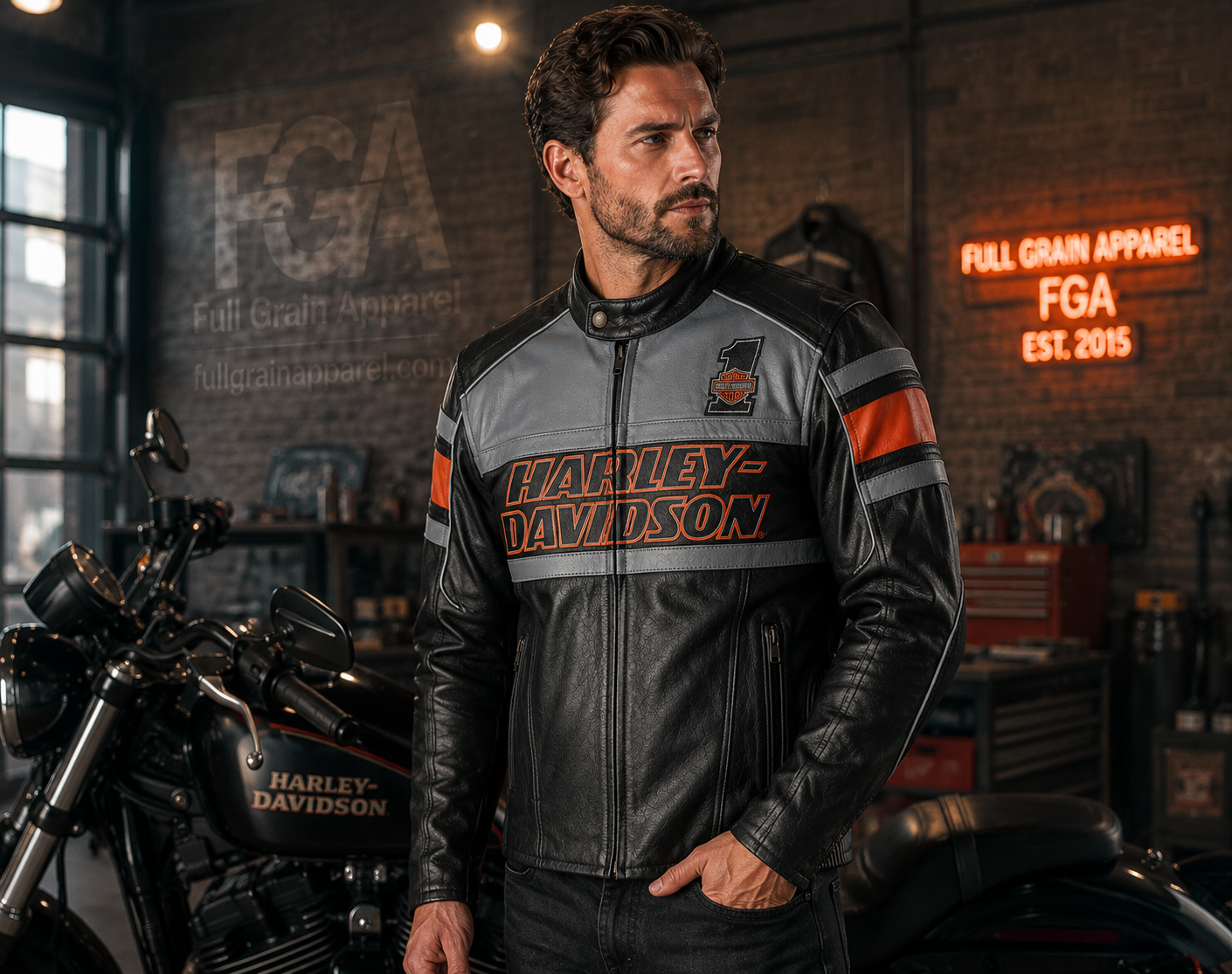 Men's Harley-Davidson Grey Orange Leather Jacket | Full Grain Apparel