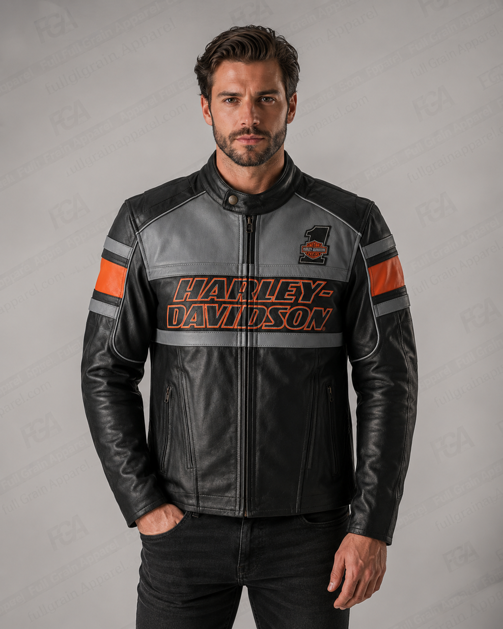 Men's Harley-Davidson Grey Orange Leather Jacket | Full Grain Apparel
