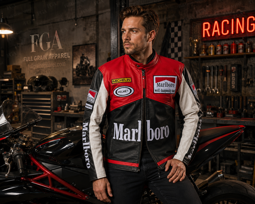 Men's Marlboro Red Black Racing Leather Jacket | Full Grain Apparel