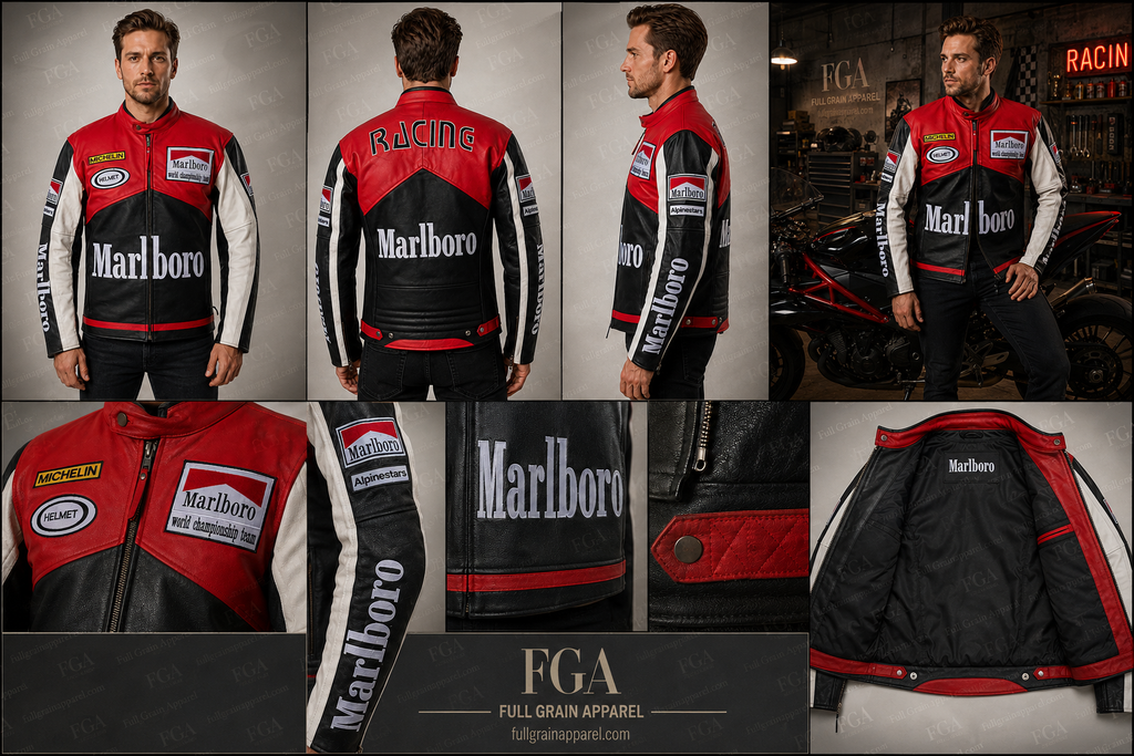 Men's Marlboro Red Black Racing Leather Jacket | Full Grain Apparel