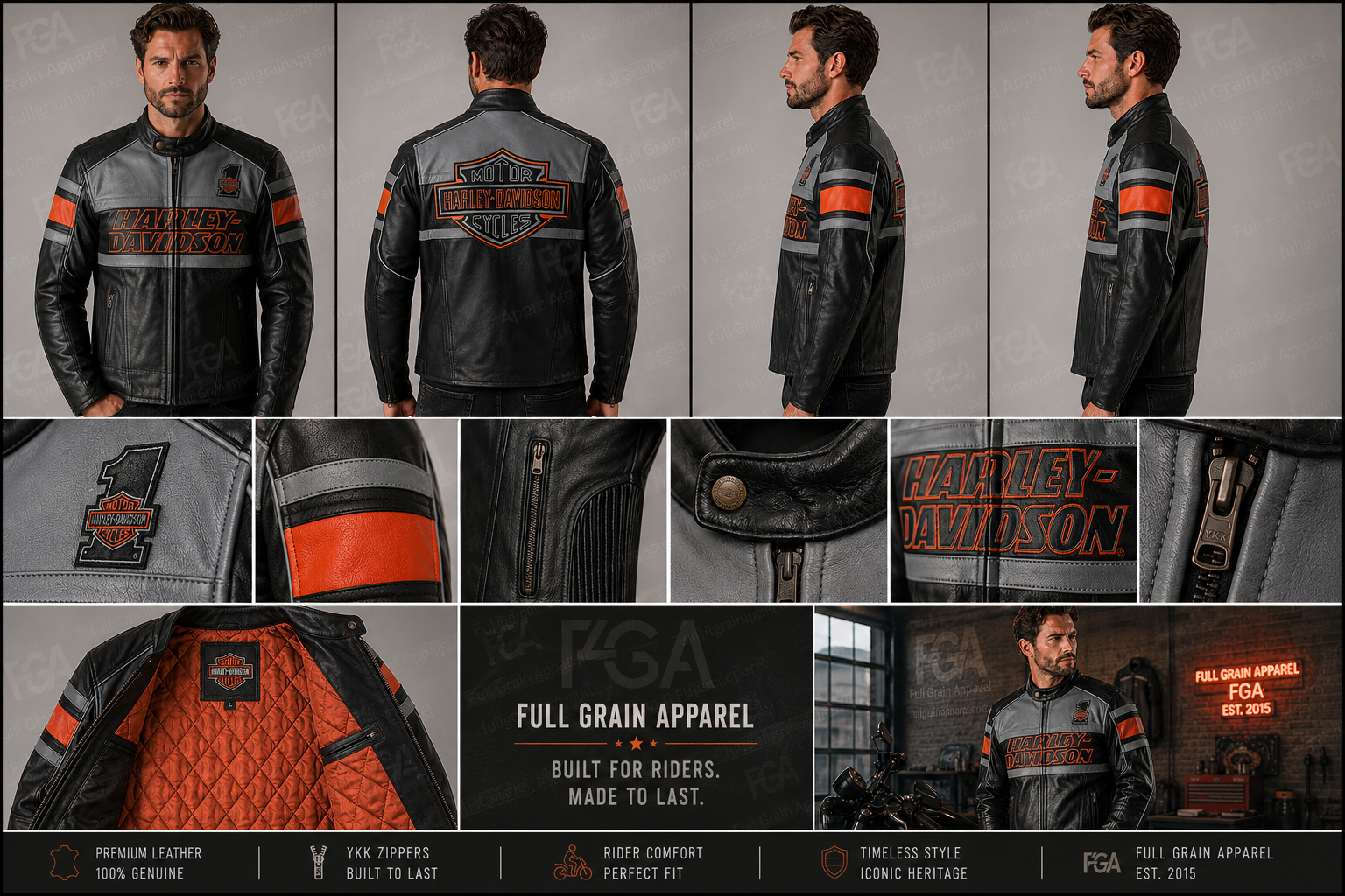 Men's Harley-Davidson Grey Orange Leather Jacket | Full Grain Apparel