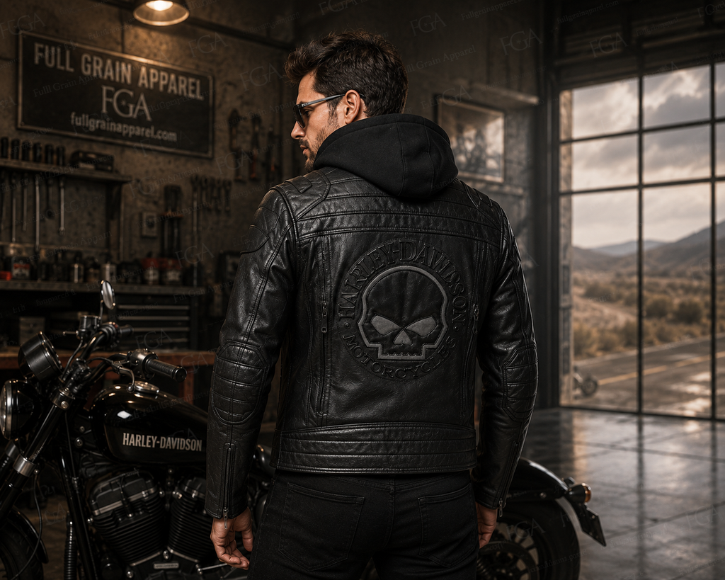 Harley-Davidson Skull Hooded Leather Jacket for Men | Full Grain Apparel