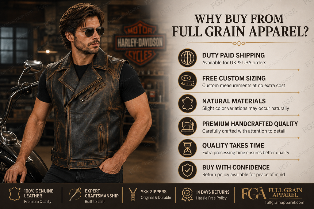 Men’s Harley-Davidson Skull Leather Motorcycle Vest | Full Grain Apparel