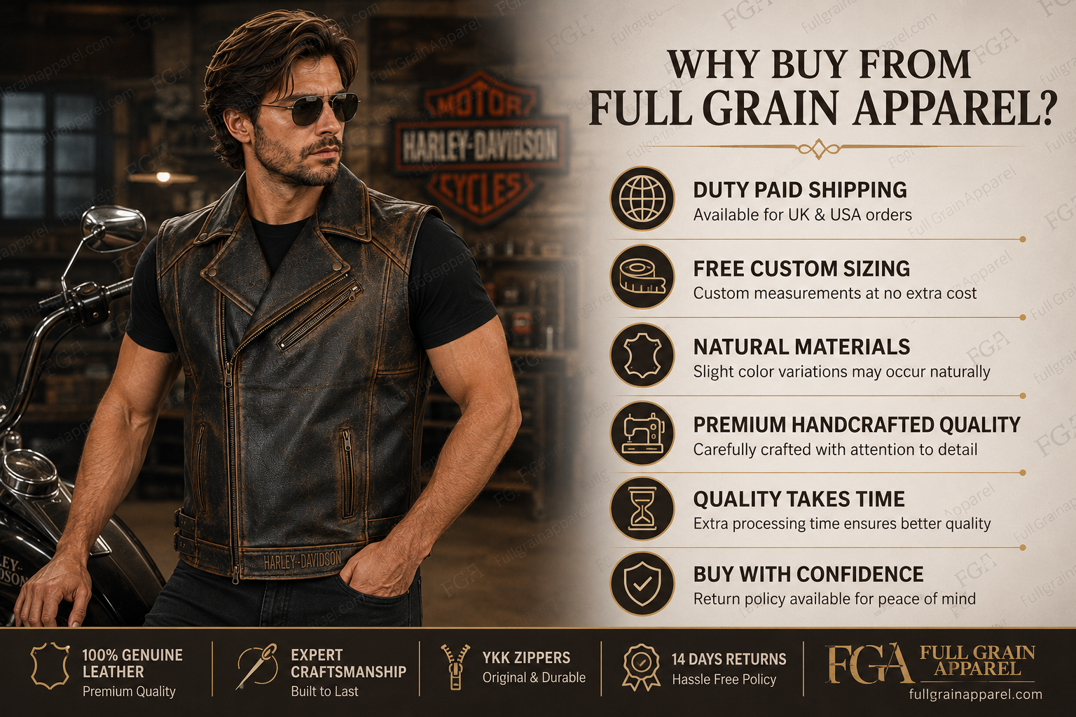 Men’s Harley-Davidson Skull Leather Motorcycle Vest | Full Grain Apparel