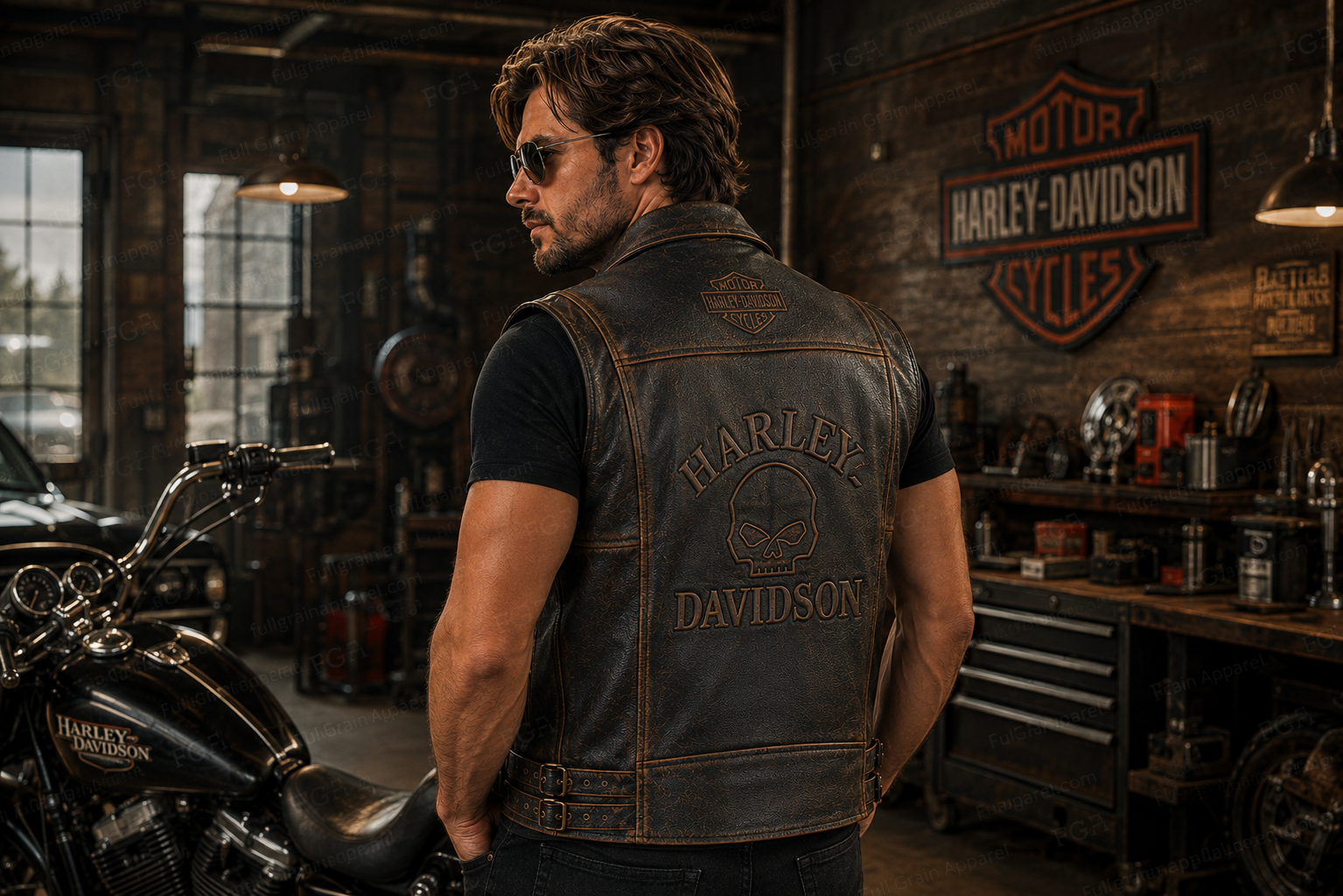 Men’s Harley-Davidson Skull Leather Motorcycle Vest | Full Grain Apparel