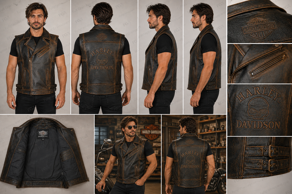Men’s Harley-Davidson Skull Leather Motorcycle Vest | Full Grain Apparel