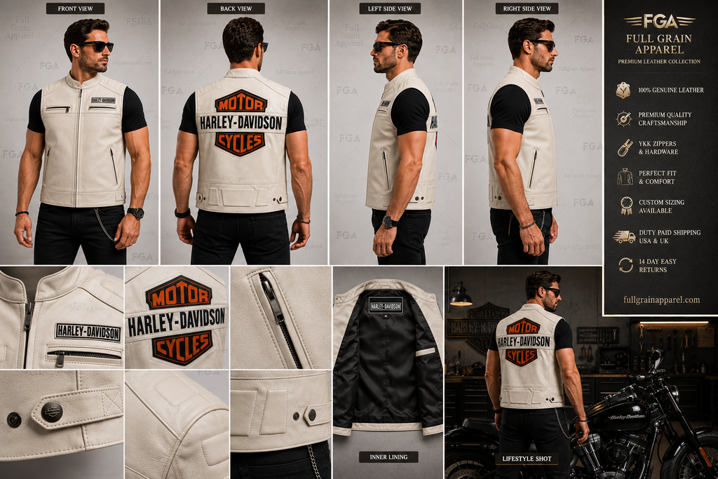 Men’s Harley-Davidson White Leather Biker Vest | Full Grain Apparel