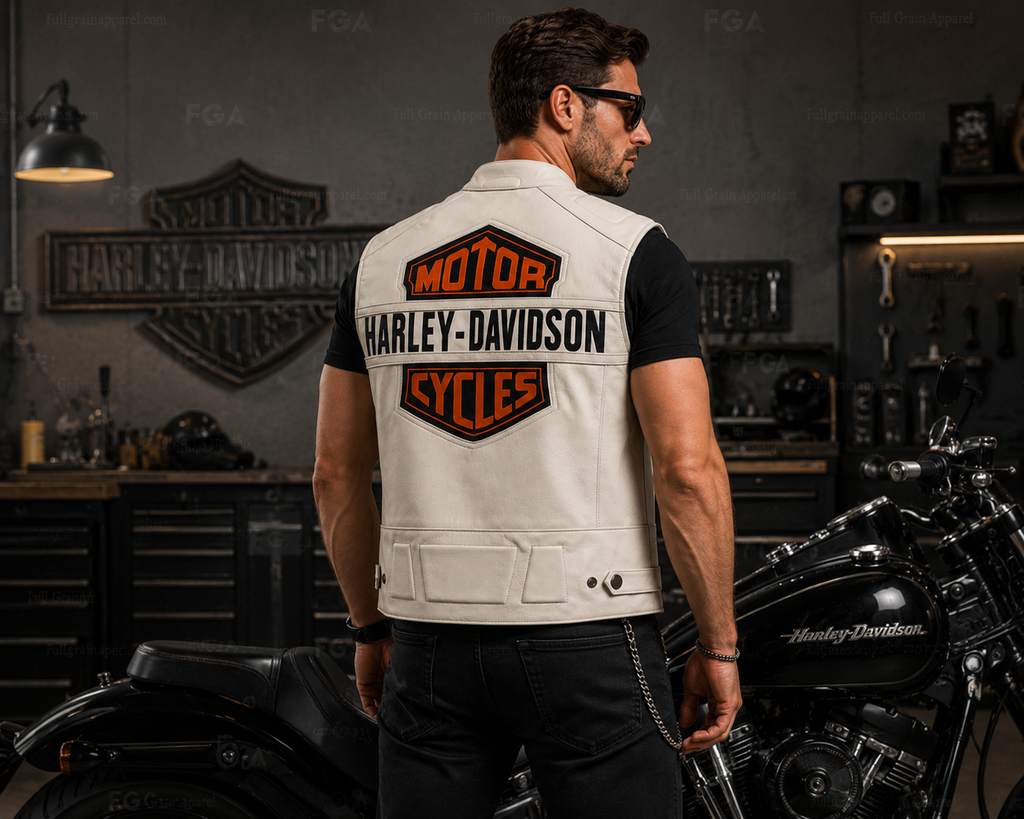 Men’s Harley-Davidson White Leather Biker Vest | Full Grain Apparel