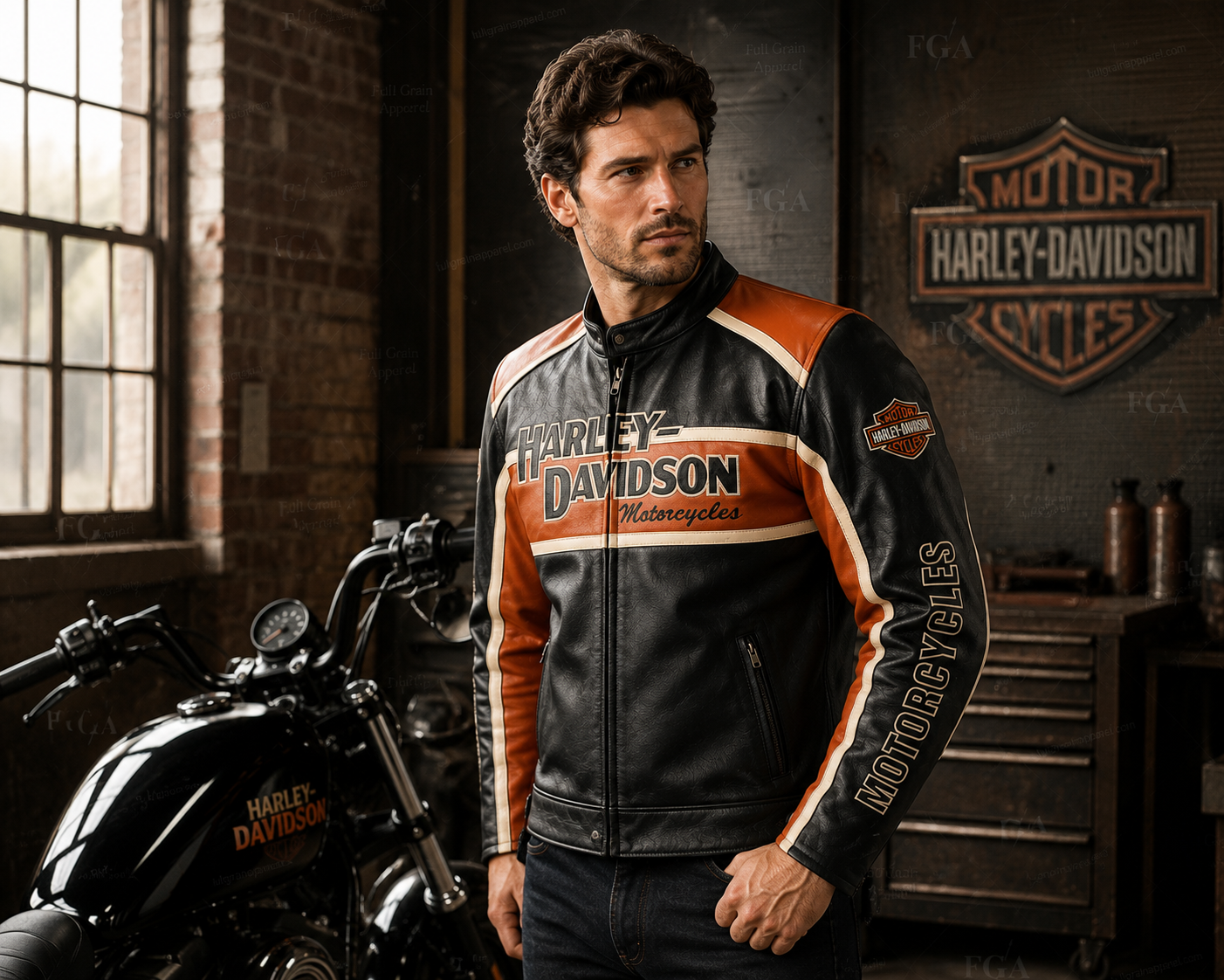 Men's Harley-Davidson Winged Logo Black & Orange Leather Jacket