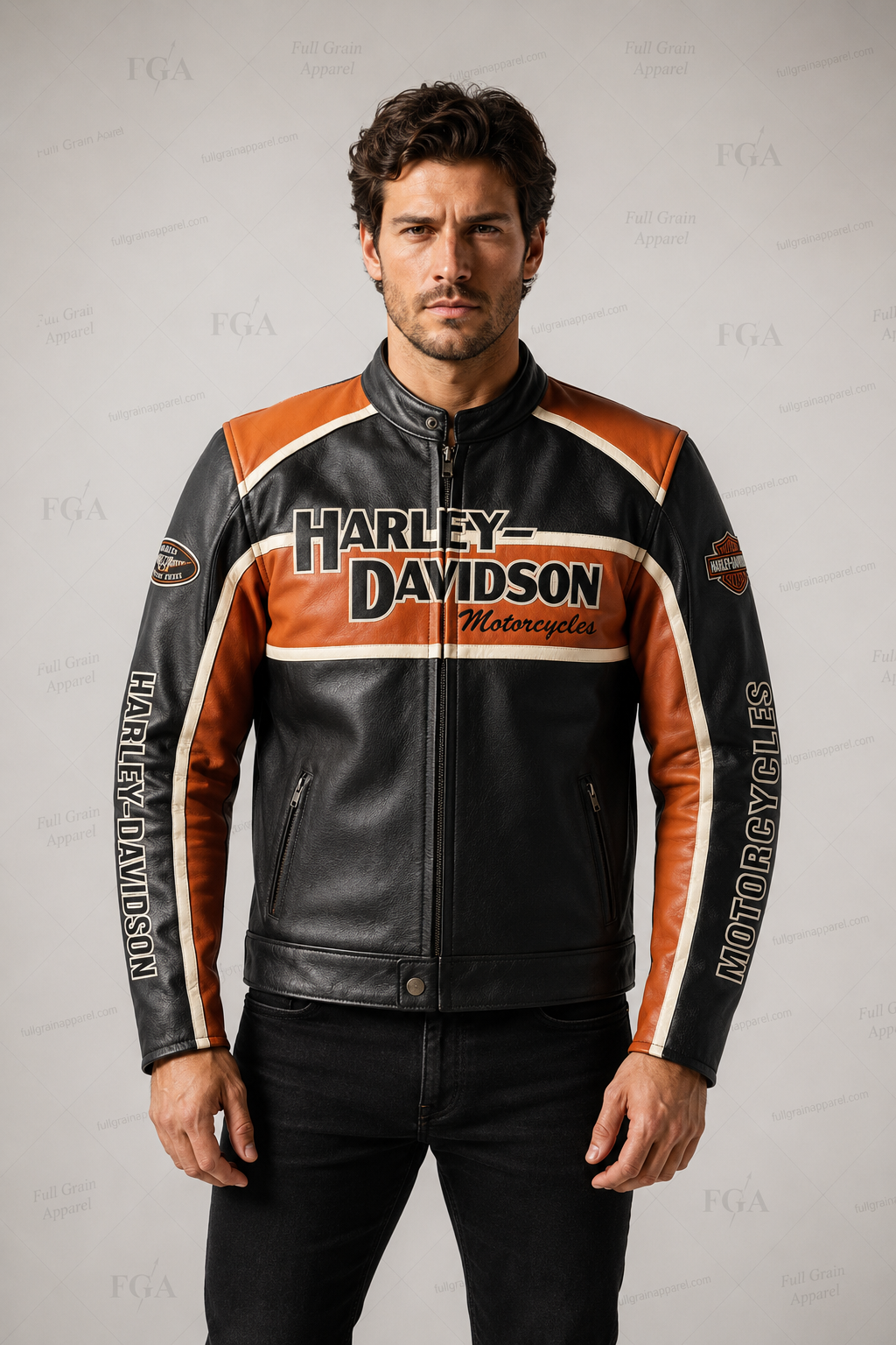 Men's Harley-Davidson Winged Logo Black & Orange Leather Jacket
