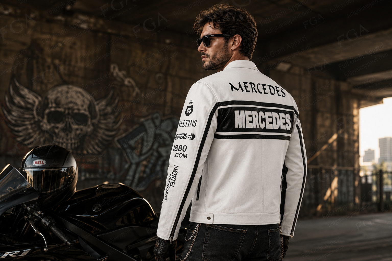 Men's Mercedes White Leather Racing Jacket By Full Grain Apparel