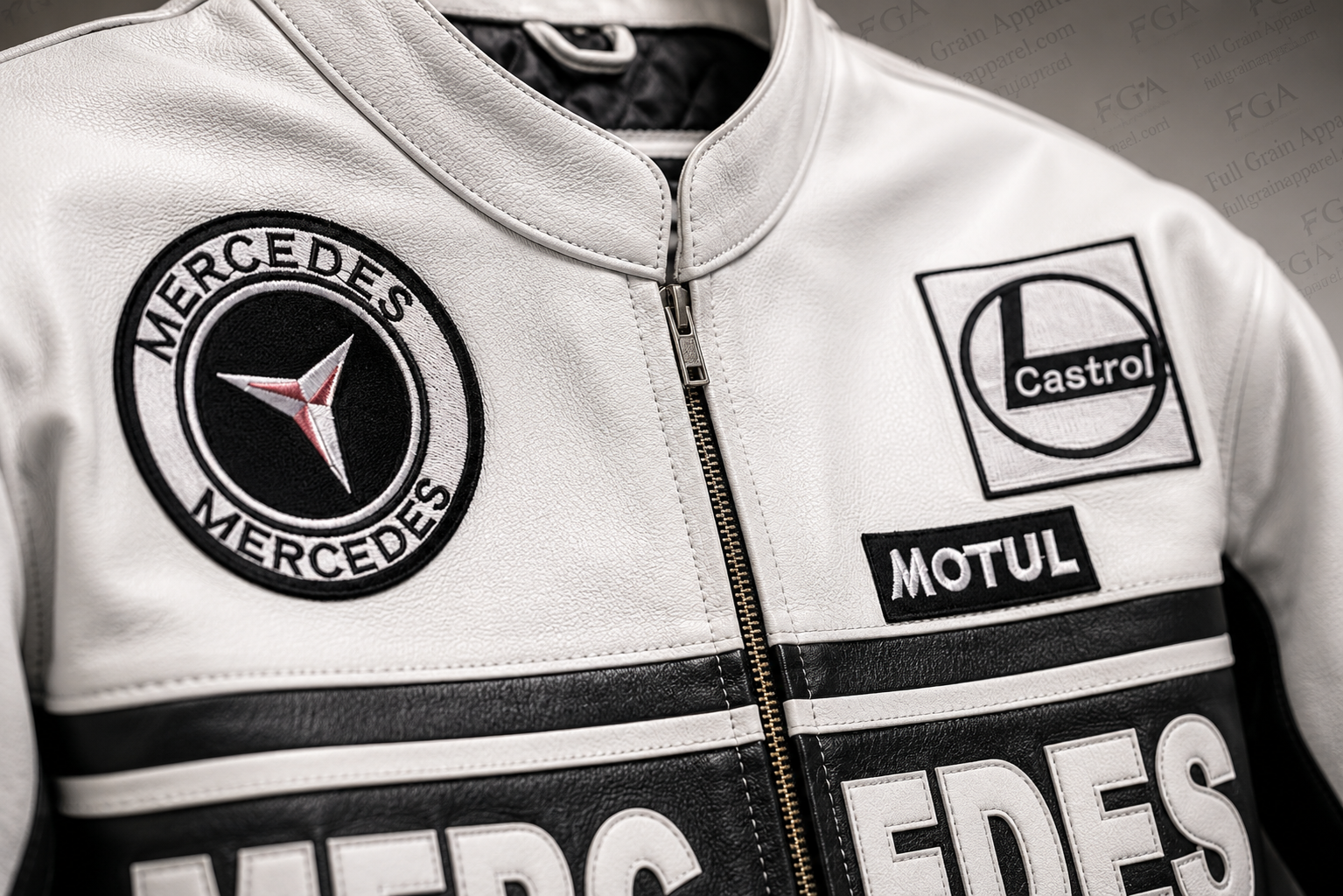 Men's Mercedes White Leather Racing Jacket By Full Grain Apparel