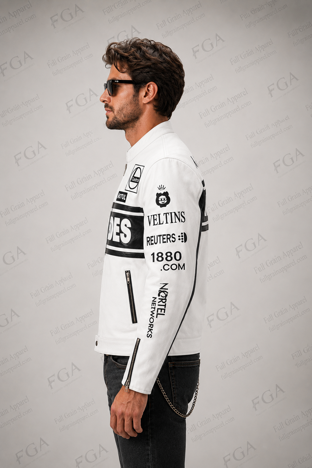 Men's Mercedes White Leather Racing Jacket By Full Grain Apparel