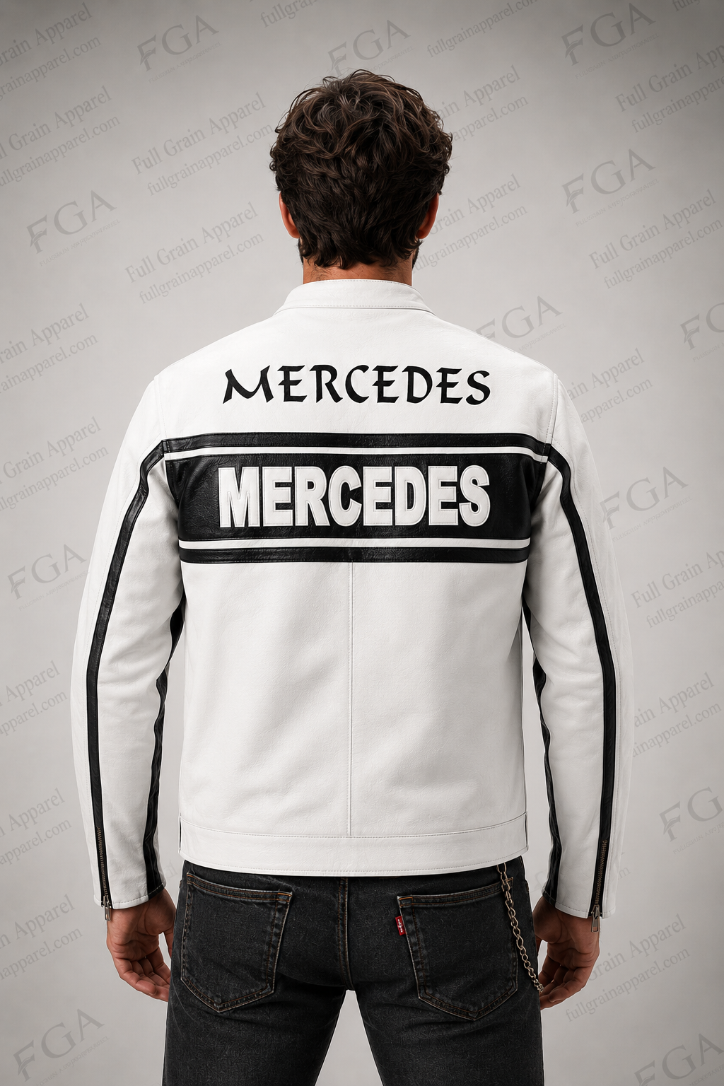 Men's Mercedes White Leather Racing Jacket By Full Grain Apparel