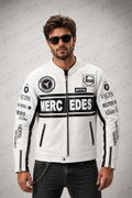 Men's Mercedes White Leather Racing Jacket By Full Grain Apparel