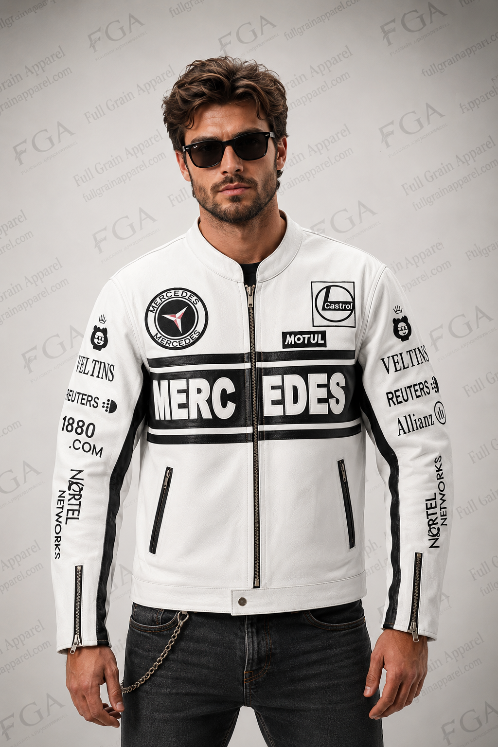 Men's Mercedes White Leather Racing Jacket By Full Grain Apparel