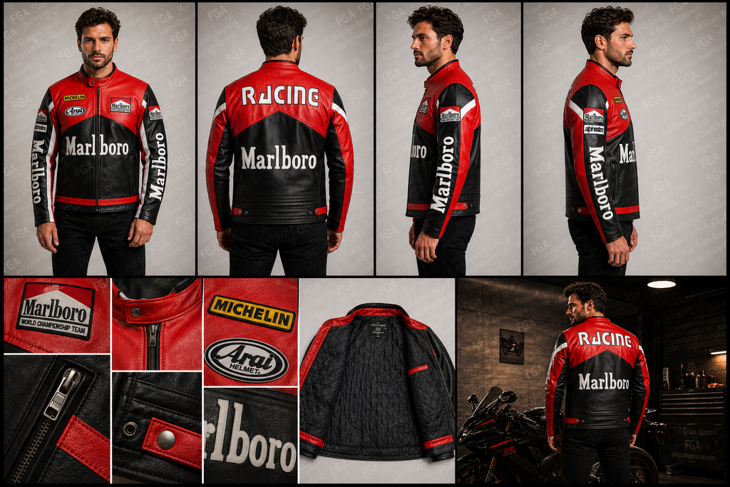 Men's Marlboro Black Red Racing Leather Jacket By Full Grain Apparel