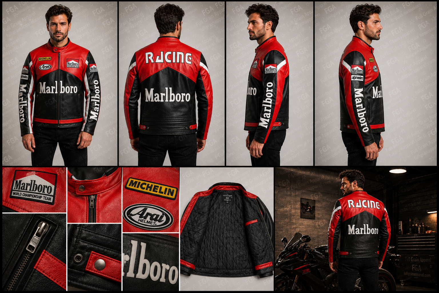 Men's Marlboro Black Red Racing Leather Jacket By Full Grain Apparel
