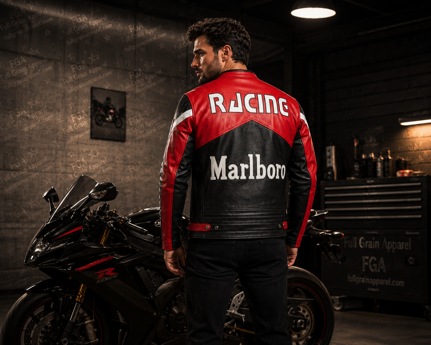 Men's Marlboro Black Red Racing Leather Jacket By Full Grain Apparel